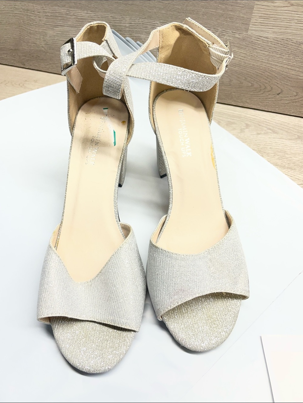 Benjamin Walk Sparkle Open-Toe Ankle Strap Heels in Silver #1090